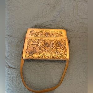 Floral Embossed Tan Leather Bag - Vintage